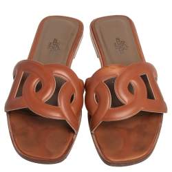 Pre Owned Hermès Brown Leather Aloha Flat Slides Size 37