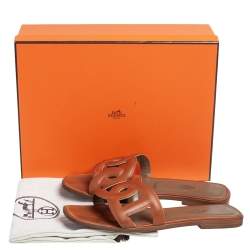 Pre Owned Hermès Brown Leather Aloha Flat Slides Size 37