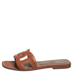 Pre Owned Hermès Brown Leather Aloha Flat Slides Size 37