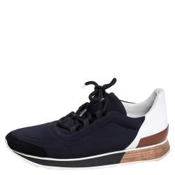 Pre Owned Hermés Navy Blue/White Fabric And Leather Miles Low Top Sneakers Size 40