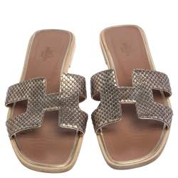 Pre Owned Hermes Metallic Gold Python Leather Oran Sandals Size 39.5