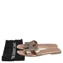 Pre Owned Hermes Metallic Gold Python Leather Oran Sandals Size 39.5