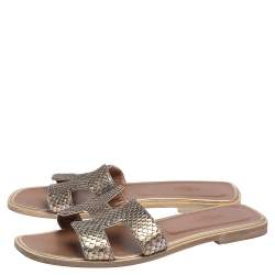 Pre Owned Hermes Metallic Gold Python Leather Oran Sandals Size 39.5