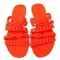 Pre Owned Hermes Orange Rubber Chain-Link Thalassa Slide Sandals Size 40