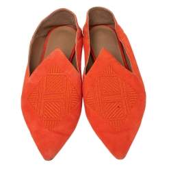 Hermes Orange Suede Logo Embroidered Pointed Toe Smoking Slippers Size 41