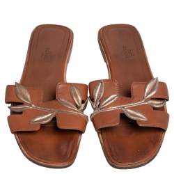 مملوكة مسبقًا حذاء فلات  هيرمس أوران جلد بني بورق شجر ذهبي مقاس 37.5