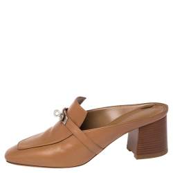 Pre Owned Hermes Brown Leather Blossom Mules Size 40.5