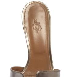 Hermes Metallic Beige Patent Leather Oasis Block Heel Slide Sandals Size 38