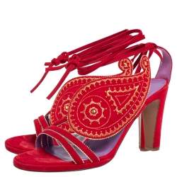 Hermes Red Suede Embroidered Tie Up Sandals Size 37