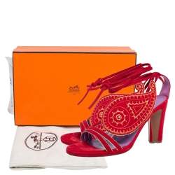 Hermes Red Suede Embroidered Tie Up Sandals Size 37