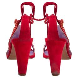 Hermes Red Suede Embroidered Tie Up Sandals Size 37