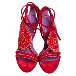 Hermes Red Suede Embroidered Tie Up Sandals Size 37
