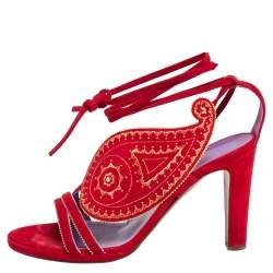 Hermes Red Suede Embroidered Tie Up Sandals Size 37