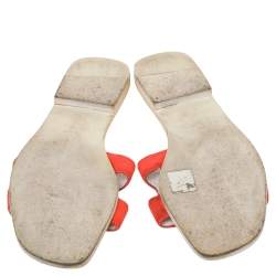 Pre Owned Hermes Orange/White Fabric Oran Flat Sandals Size 39.5