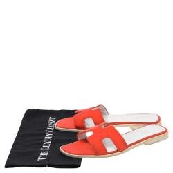 Pre Owned Hermes Orange/White Fabric Oran Flat Sandals Size 39.5