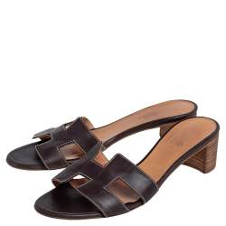Pre Owned Hermes Dark Brown Leather Oasis Slide Sandals Size 38.5