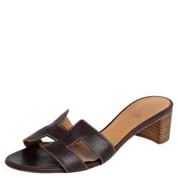 Pre Owned Hermes Dark Brown Leather Oasis Slide Sandals Size 38.5