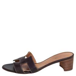 Pre Owned Hermes Dark Brown Leather Oasis Slide Sandals Size 38.5