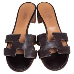 Pre Owned Hermes Dark Brown Leather Oasis Slide Sandals Size 38.5