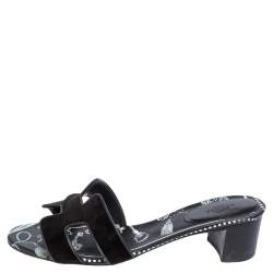 Pre Owned Hermes Black Velvet Oasis Slide Sandals Size 39