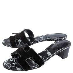 Pre Owned Hermes Black Velvet Oasis Slide Sandals Size 39