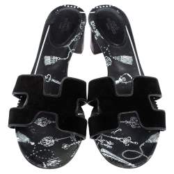 Pre Owned Hermes Black Velvet Oasis Slide Sandals Size 39