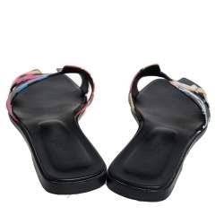 Pre Owned Hermes Black Cavalcadour Print Leather Oran Flat Sandals Size 38.5
