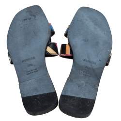 Pre Owned Hermes Black Cavalcadour Print Leather Oran Flat Sandals Size 38.5