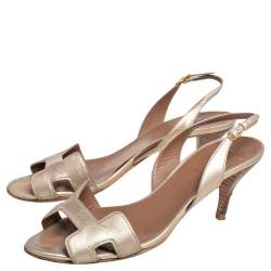 Pre Owned Hermes Gold Leather Night Slingback Sandals Size 37