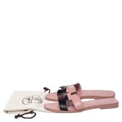 Pre Owned Hermes Pink/Black Leather Oran Flat Slide Size 35.5
