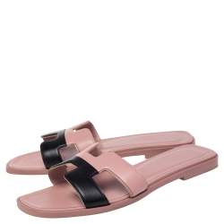 Pre Owned Hermes Pink/Black Leather Oran Flat Slide Size 35.5
