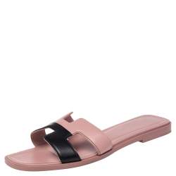 Pre Owned Hermes Pink/Black Leather Oran Flat Slide Size 35.5