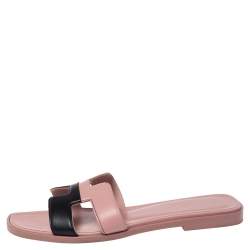 Pre Owned Hermes Pink/Black Leather Oran Flat Slide Size 35.5