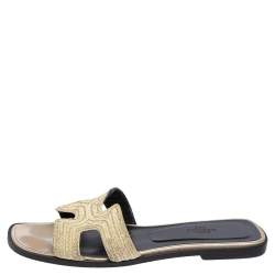 Hermes Cream Embroidered Fabric Oran Flat Slides Size 39
