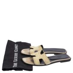 Hermes Cream Embroidered Fabric Oran Flat Slides Size 39