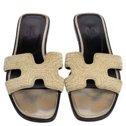 Hermes Cream Embroidered Fabric Oran Flat Slides Size 39