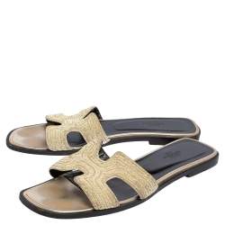 Hermes Cream Embroidered Fabric Oran Flat Slides Size 39