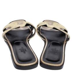 Hermes Cream Embroidered Fabric Oran Flat Slides Size 39