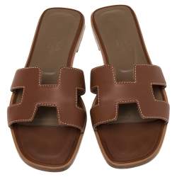 Pre Owned Hermes Brown Leather Oran Flat Slides Size 36.5