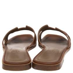 Pre Owned Hermes Brown Leather Oran Flat Slides Size 36.5