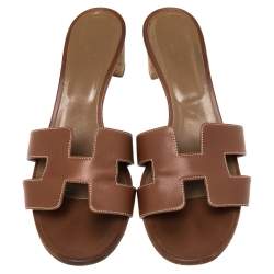 Pre Owned Hermes Brown Leather Oasis Slide Sandals Size 41