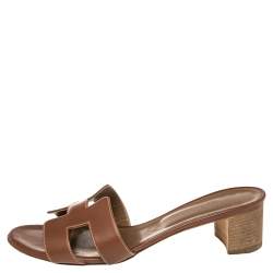 Pre Owned Hermes Brown Leather Oasis Slide Sandals Size 41