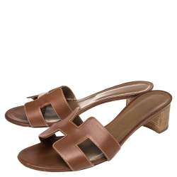 Pre Owned Hermes Brown Leather Oasis Slide Sandals Size 41