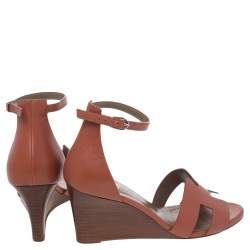 Pre Owned Hermes Brown Leather Legend Ankle Strap Wedge Sandals Size 38