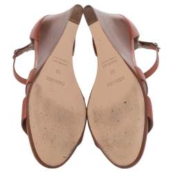 Pre Owned Hermes Brown Leather Legend Ankle Strap Wedge Sandals Size 38