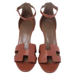 Pre Owned Hermes Brown Leather Legend Ankle Strap Wedge Sandals Size 38