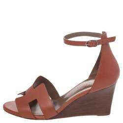 Pre Owned Hermes Brown Leather Legend Ankle Strap Wedge Sandals Size 38