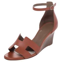 Pre Owned Hermes Brown Leather Legend Ankle Strap Wedge Sandals Size 38