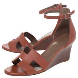 Pre Owned Hermes Brown Leather Legend Ankle Strap Wedge Sandals Size 38