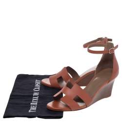Pre Owned Hermes Brown Leather Legend Ankle Strap Wedge Sandals Size 38